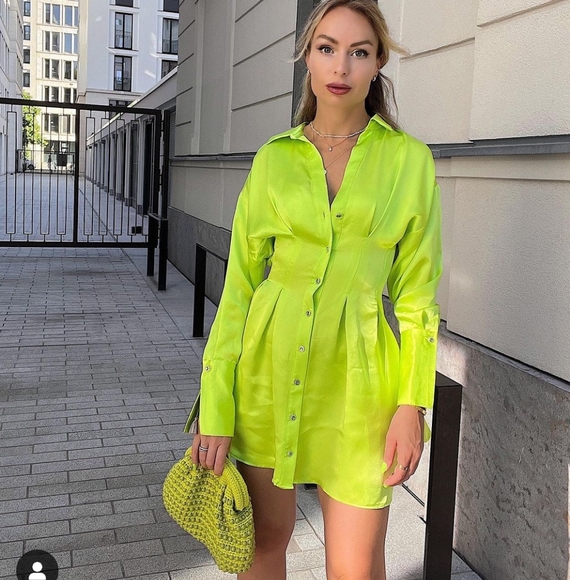 ZARA SATIN EFFECT SHIRT DRESS LIME GREEN bloggers favorite
